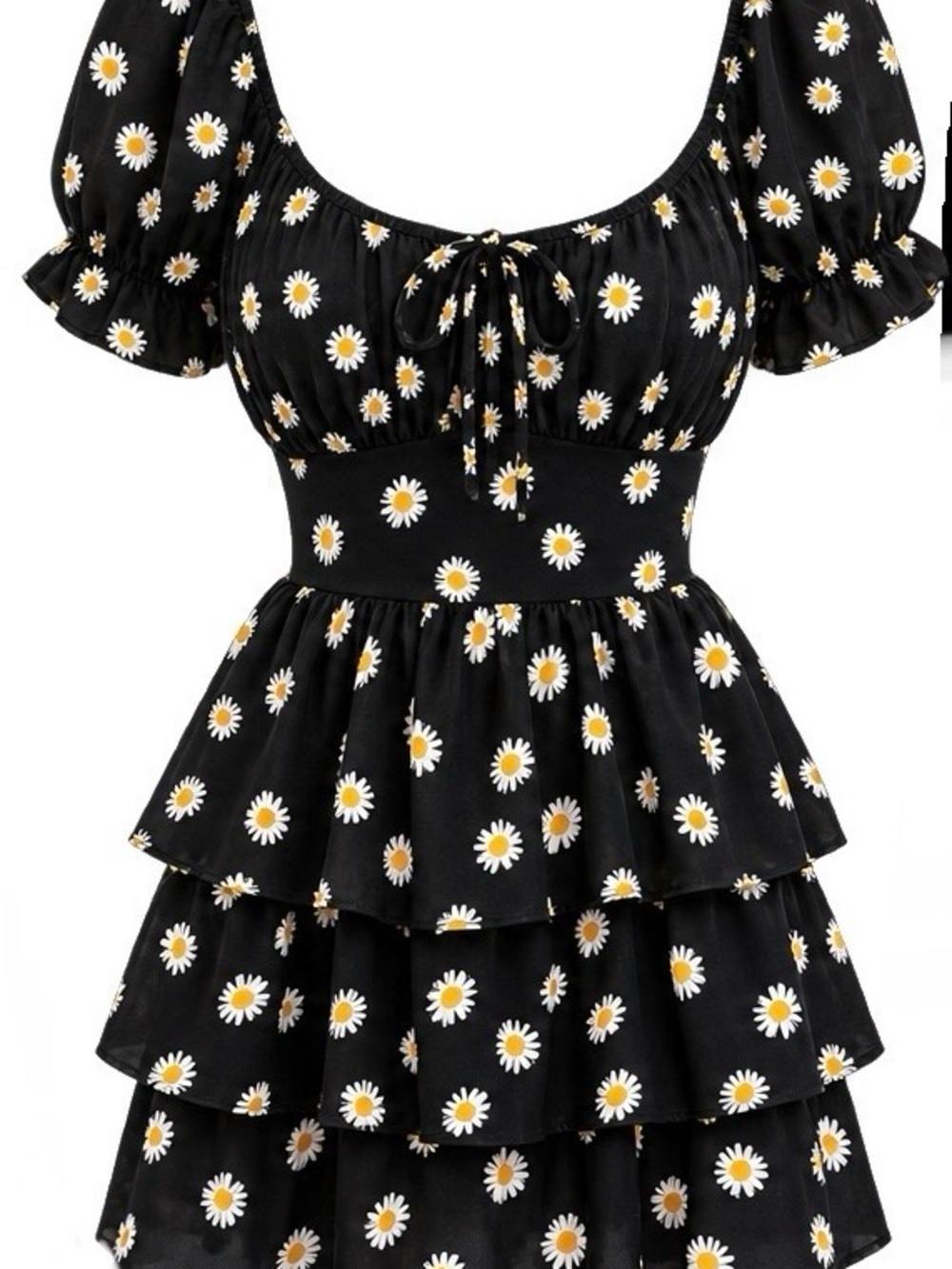 Women's Black Daisy Print Puff Sleeve Peplum Tunic